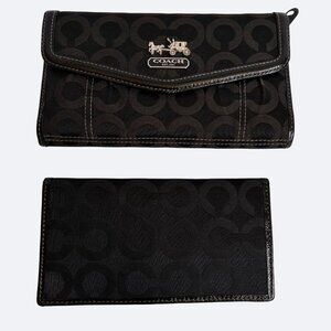 Coach Madison OP Art Sateen Checkbook Leather Wallet SV/BLACK Signature